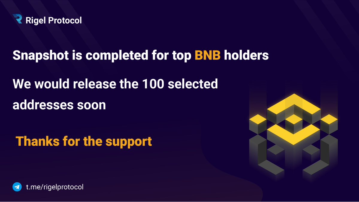 rigelprotocol's tweet photo. Snapshot is completed for top 200 - 1200 BNB holders on the Binance smart Chain. We would release the 100 selected addresses soon. Our #BSC reward series continues. Thanks for the support. #DEFI #RigelSeries #RGP #BNB @BinanceChain @binance @cz_binance https://t.co/72m6JJguCN