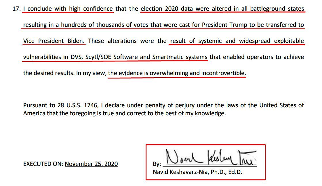 Sworn affidavit by a cyber-security expert for the CIA, Defense Intelligence Agency, National Security Agency, & Department of Defense who has 35+ years of experience concludes election data was altered resulting in hundreds of thousands of Trump votes to be transferred to Biden: