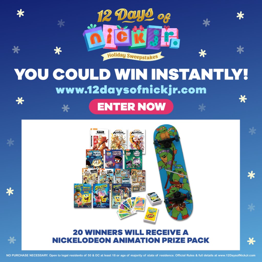 Nickelodeon's tweet image. Love Avatar, SpongeBob &amp;amp; TMNT? You could win 1 of 20 prize packs from your favorite animated shows!

Residents 50 US 18yo+ only. No purchase necessary. Rules &amp;amp; free entry: at.nick.com/12daysofnickjr8