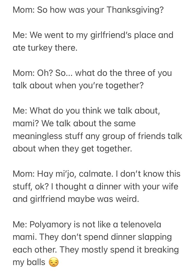 mypolylife's tweet photo. When you’re mom tries to understand more about your Poly life.
#Polyamory #Polyamorous #PolyLife #LatinMom #LatinaMom #OpenMarriage #NonMonogamy #EthicalNonMonogamy #ENM #MarriedAndDating #Metamour #Thanksgiving #InterracialMarriage #InterrecialLoveStory #OpenRelationship https://t.co/ysRuVs55cq