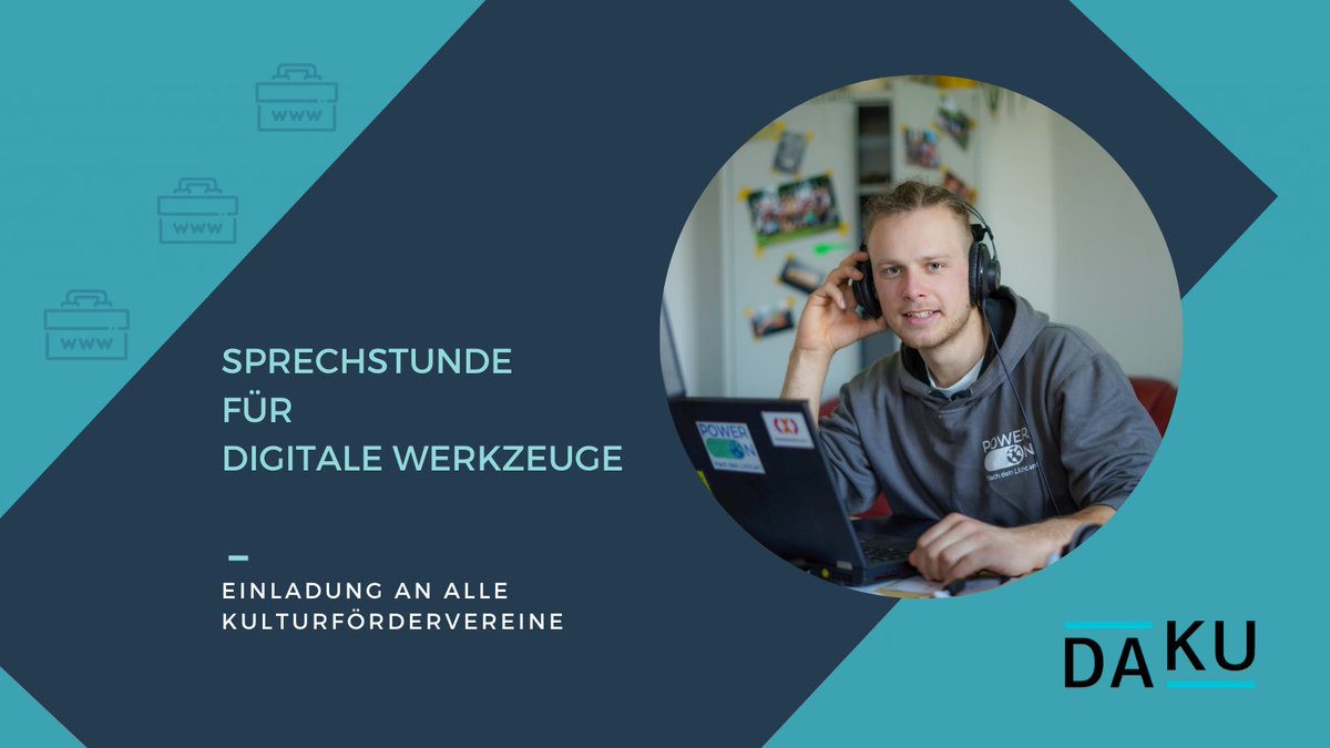 DAKU_eV's tweet photo. In der Pandemie aktive #Vereinsarbeit betreiben? 👥 Das gelingt mit digitalen Tools!🛠️💻 Zu diesem Thema bietet Eric Klausch bis 20.12. eine Sprechstunde für #Kulturfördervereine an. Mehr Infos ➡️ https://t.co/qLBtx36wcR

#DAKU_eV @mbcom_rlp @LMKrlp @BundesKultur https://t.co/WHahih91xu