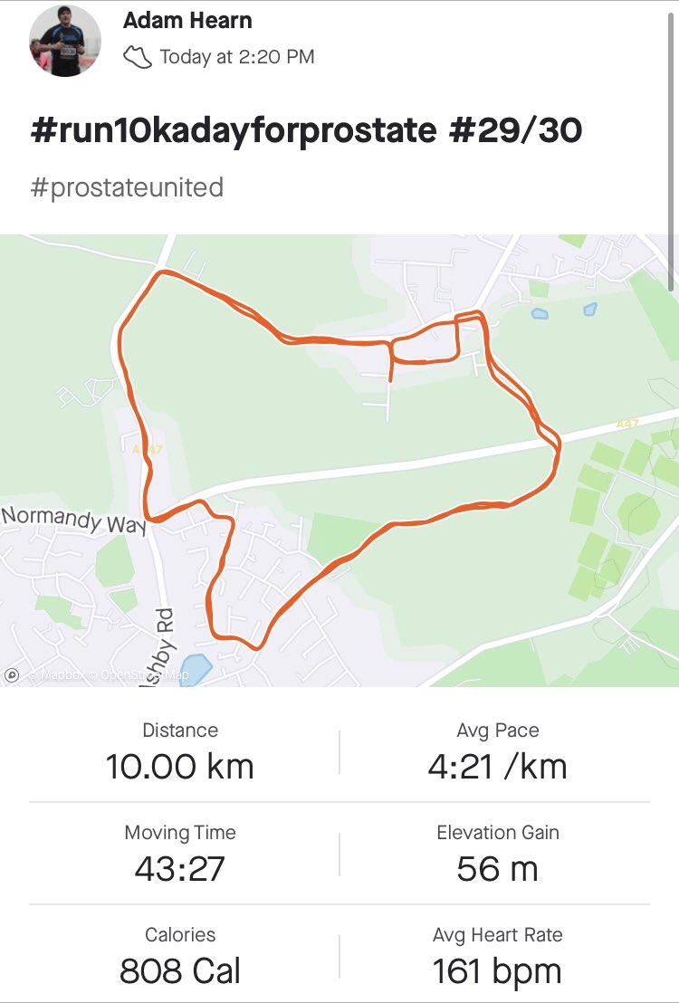 apmHearn's tweet photo. ✅ Day 29/30 - 43:27
1 to go. My housemate wanted to do a quick one - my poor knees 🤕
Please join us @prostateunited and support @ProstateUK by donating: https://t.co/EmpPmuKqaW
#run10kadayforprostate https://t.co/Xd8T3LWyNb