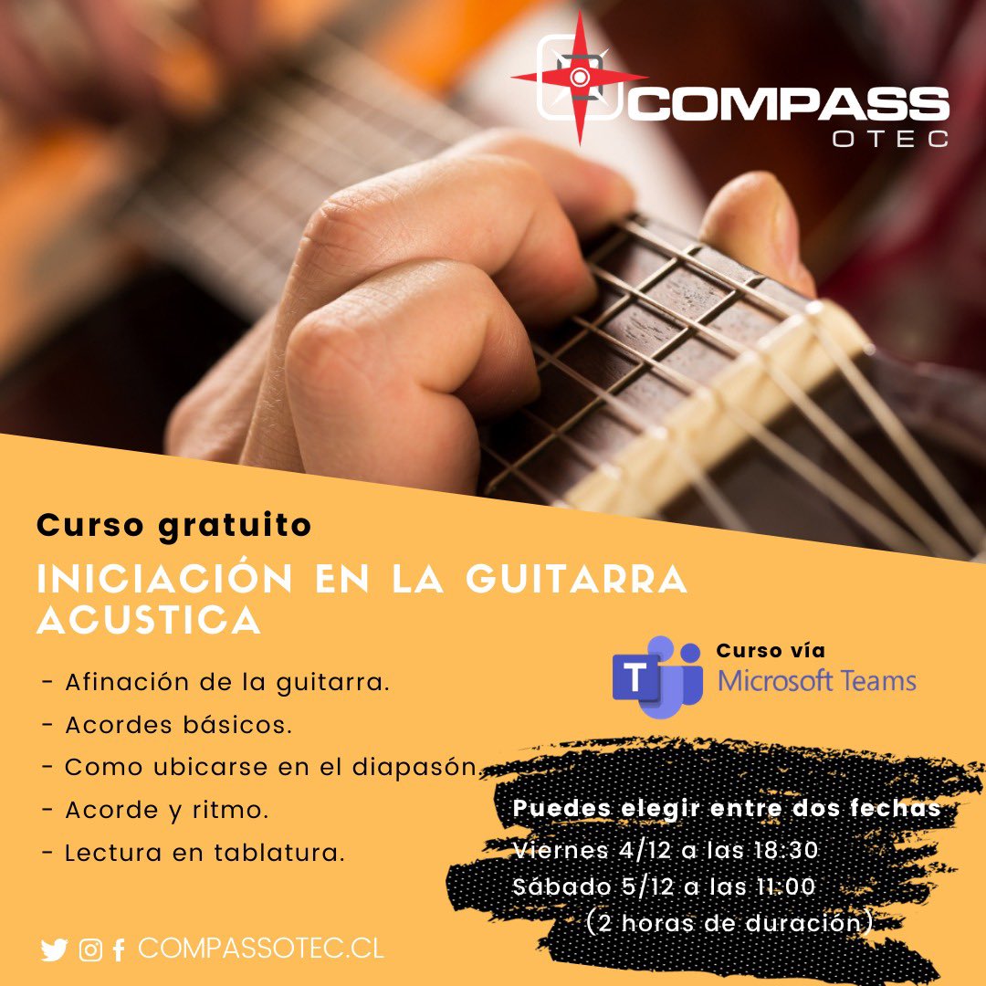 Compassotec1's tweet photo. 🚦Curso Gratuito Diciembre, aún quedan cupos disponibles‼️
¡Porque la capacitación es lo más importante! 🖥

Curso Iniciación en Guitarra Acústica

☑️ Curso de 2 horas, 2 fechas:
       🗓 4/12 a las 18:30hrs. 
       🗓 5/12 a las 11:00hrs.

https://t.co/jFB92bfF2t https://t.co/FOrZmlMW0T