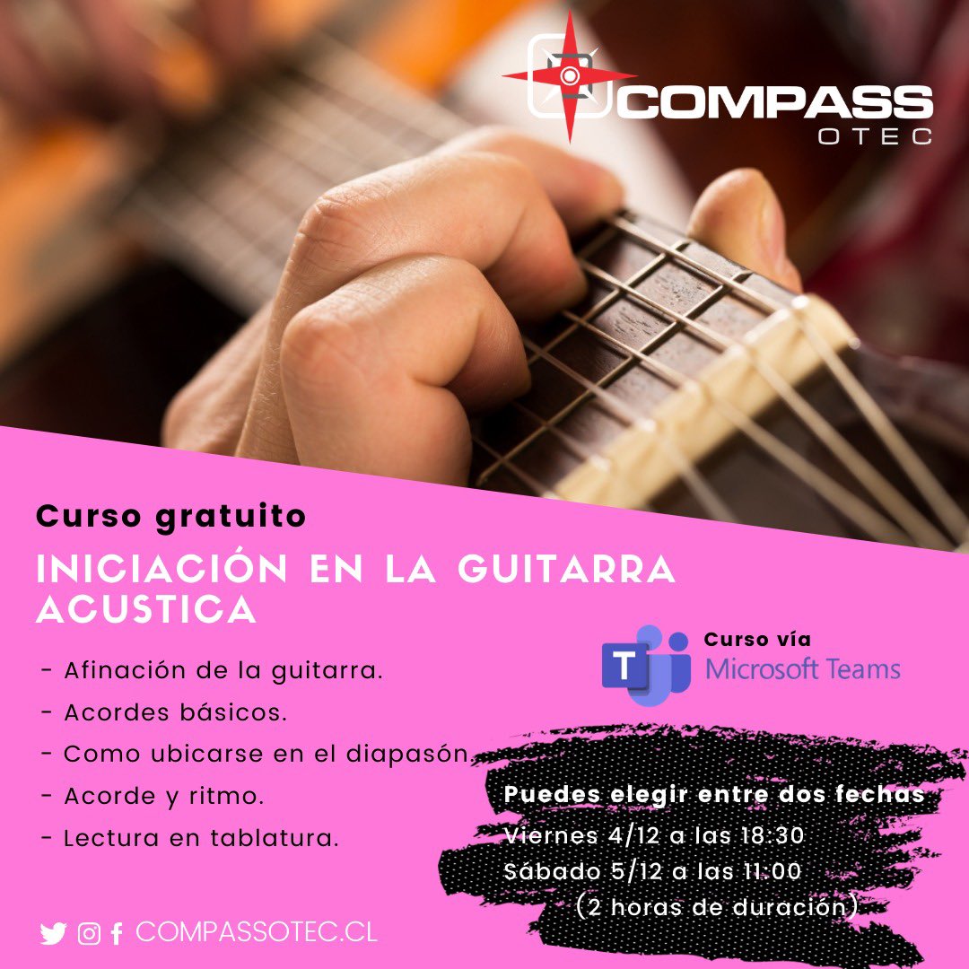 Compassotec1's tweet photo. 🚦Curso Gratuito Diciembre, aún quedan cupos disponibles‼️
¡Porque la capacitación es lo más importante! 🖥

Curso Iniciación en Guitarra Acústica

☑️ Curso de 2 horas, 2 fechas:
       🗓 4/12 a las 18:30hrs. 
       🗓 5/12 a las 11:00hrs.

https://t.co/jFB92bfF2t https://t.co/FOrZmlMW0T