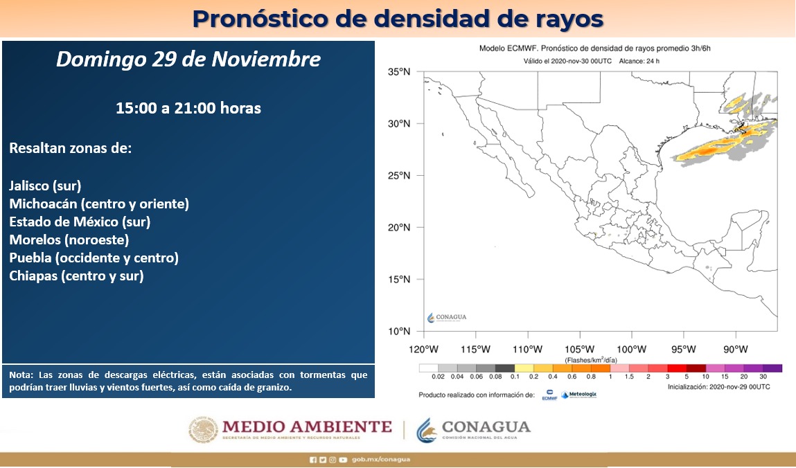 conagua_clima's tweet photo. Consulta el #Pronóstico de #DescargasEléctricas para la tarde-noche de este domingo, resaltan zonas de #Jalisco, #Michoacán, #EdoMéx, #Morelos, #Puebla y #Chiapas 👇 https://t.co/Ufft5dUjLs