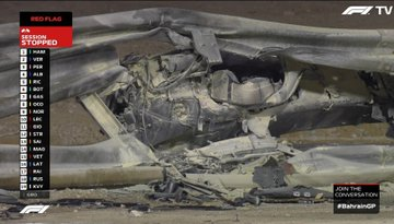 The front half of Romain Grosjean's #F1 car thru the Armco. All safety tools worked, especially the Halo. https://t.co/i48R0d6P9R