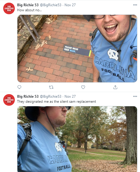 UNC_Alerts's tweet photo. Self-described "racist, neo Nazi, incel" Samuel Wilkins was at UNC-Chapel Hill on Friday to preach hate in the Pit and LARP as fallen racist statue Silent Sam. 1/ https://t.co/1ch1Hwrak5