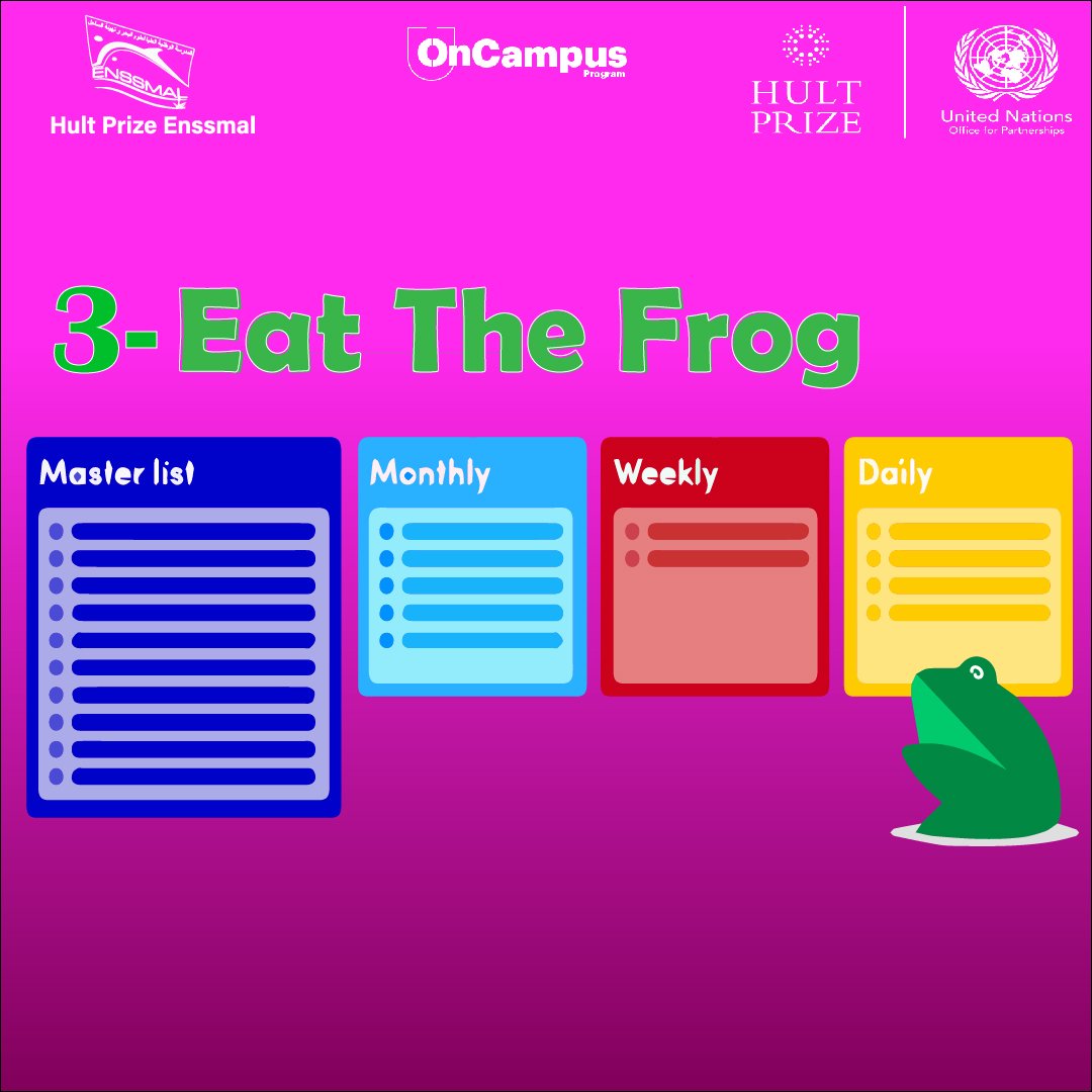 HEnssmal's tweet photo. مرحبا 📢📢
3- طريقة Eat The Frog🐸 (الكاتب والمؤلف الكندي الشهير Brian Tracy )
 #HultPrize #HP21 @hultprize
#hultprizeenssmal
#hultprizealgeria #impact #youth #oncampus #enssmal https://t.co/prpdk7oRnY