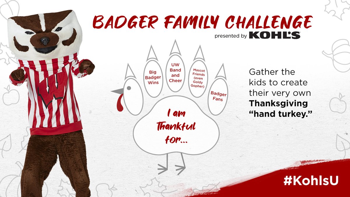 UWBadgers's tweet photo. There's still time to tell us what you're grateful for this year! Make your own "hand turkeys" and share them using #KohlsU by 7 p.m. (CT) tonight for a chance to win a $100 gift card from @kohls! 🖍️🦃 https://t.co/l4miAlRPU2