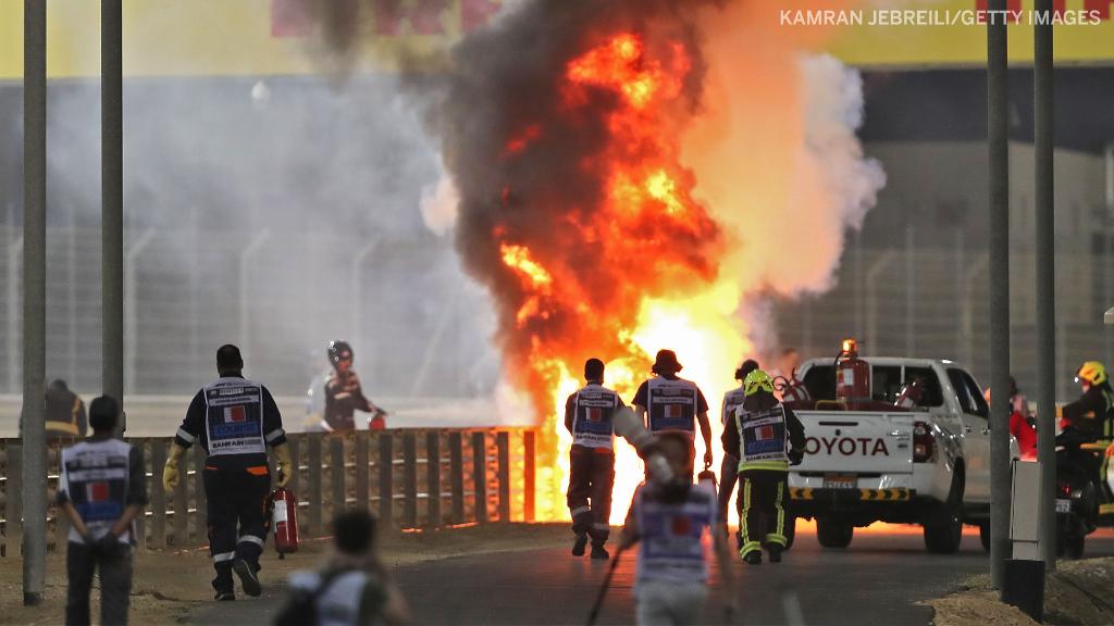 SportsCenter's tweet photo. F1 driver Romain Grosjean escaped serious injury after being involved in a massive crash at the Bahrain Grand Prix which ripped his car in two and engulfed it in flames. https://t.co/027oUB8tin