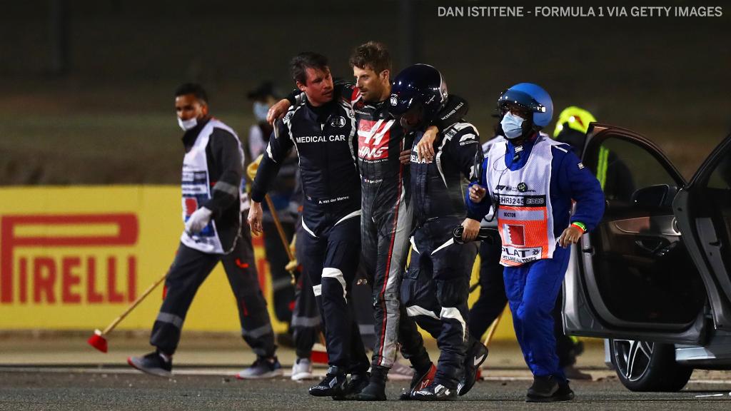 SportsCenter's tweet photo. F1 driver Romain Grosjean escaped serious injury after being involved in a massive crash at the Bahrain Grand Prix which ripped his car in two and engulfed it in flames. https://t.co/027oUB8tin