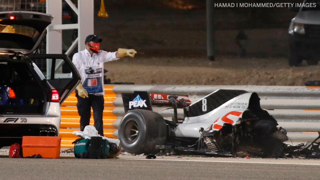 SportsCenter's tweet photo. F1 driver Romain Grosjean escaped serious injury after being involved in a massive crash at the Bahrain Grand Prix which ripped his car in two and engulfed it in flames. https://t.co/027oUB8tin