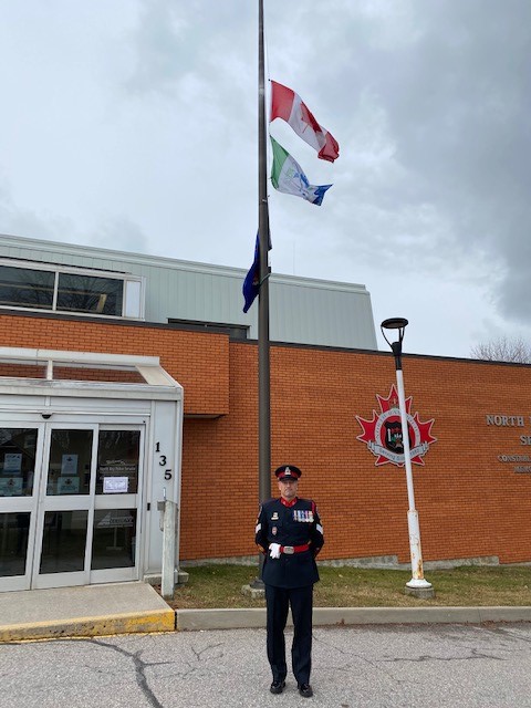 NorthBayPolice's tweet photo. Honor for Cst Hovingh, NBPS flags at half mast, #5661, #HeroesinLife and #halfmastforMarc. https://t.co/V7QlldxJlu