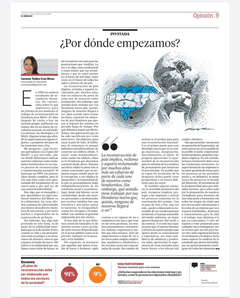 carmenyad's tweet photo. Hoy aparece un artículo mío en El Heraldo. No soy licenciada en literatura como me pusieron por ahí, sino licenciada en letras y filosofía y máster en gestión cultural. Mi interés es compartir lo que pienso sobre la reconstrucción de este país post Iota y Eta.
#carmencruz https://t.co/mxLlhJc2kz