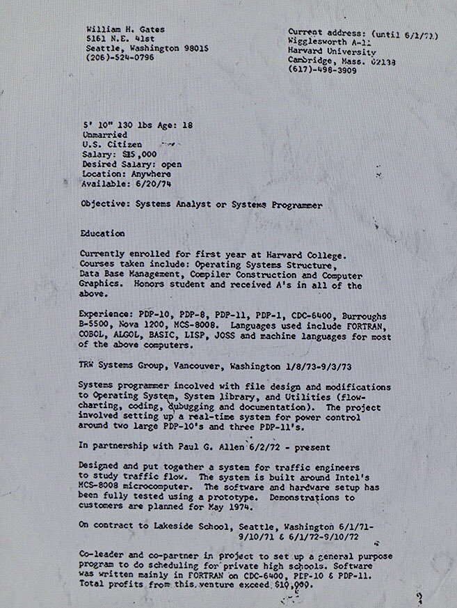 Bill Gates’ resume in 1974: