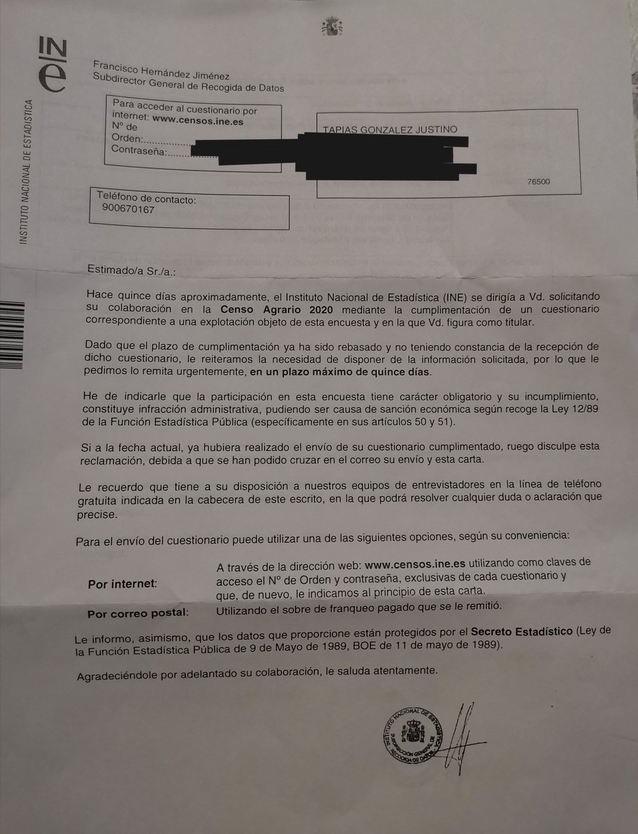 Carta dirigida a mi abuelo que falleció hace 29años y que ya habría cumplido los100. El INE le reclaman una encuesta del Censo Agrario de una propiedad que jamás tuvo pero ojo que si no responde deja claro que hay sanción!!  Confío en que no todas las estadísticas se hagan igual!