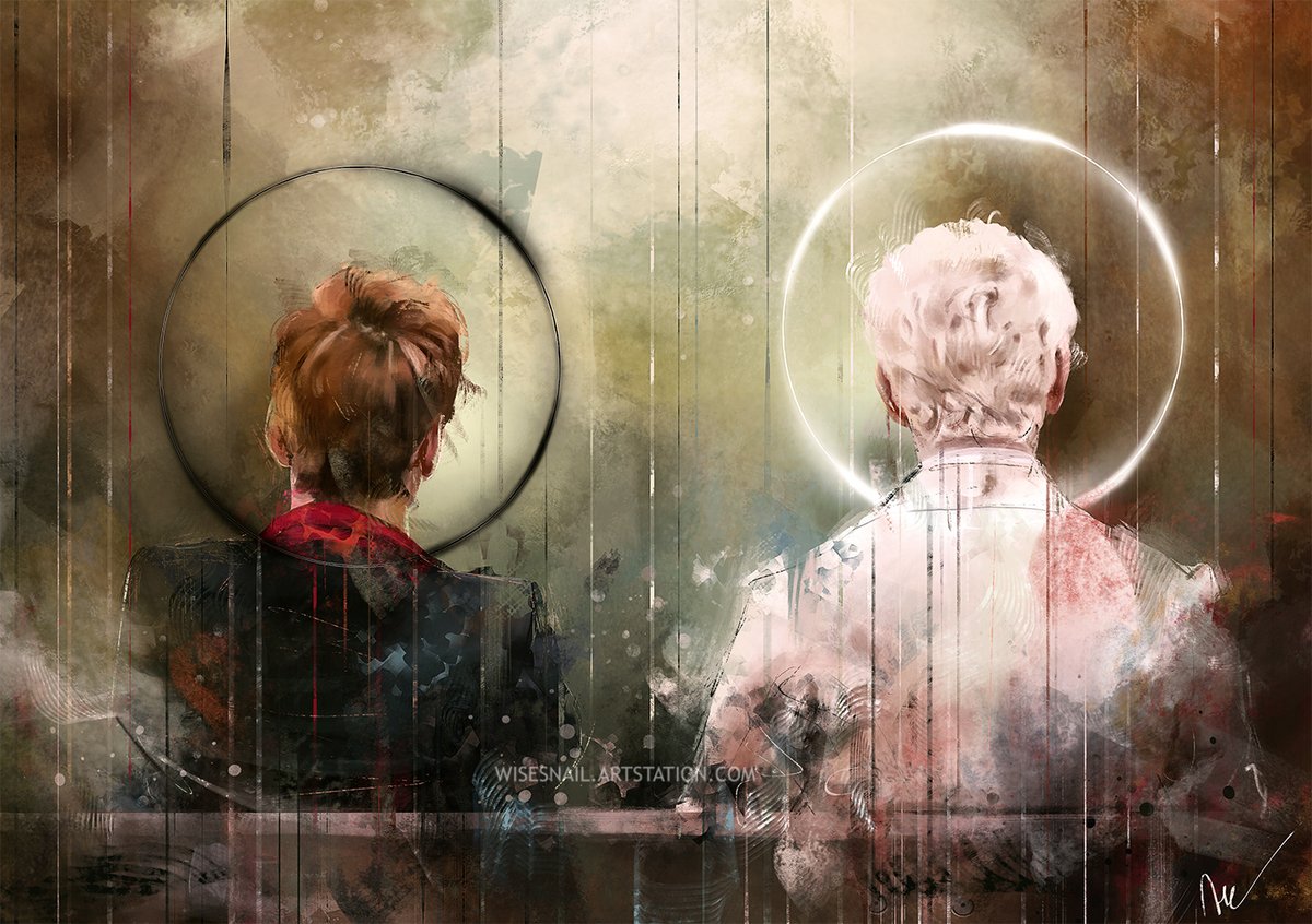 WisesnailArt's tweet photo. You probably know that I love to paint faces, but I think that sometimes subtle postures and colours can say a lot too... I hope you like this #GoodOmens piece <:

#Aziraphale #Crowley #IneffableHusbands #DavidTennant #MichaelSheen #Wisesnail #Portrait https://t.co/8Mg9ve2Ppm