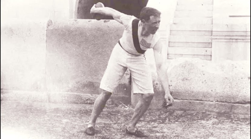 #129Robert Garrett had traveled for the 1896Olympics to compete in the shot putWhile he was there though, his coach suggested he entered the discus throw too and so did-after a couple of clumsy attempts which made onlookers chuckle, he finally hurled it to 19m, earning a ￼