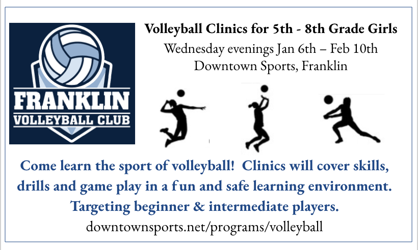 5th - 8th grade girls: join us for volleyball clinics starting  January 6th! downtownsports.net/programs/volle… 
<a href="/FPSHealthPE/">Franklin Health&PE</a> <a href="/Franklin_VBall/">FHS Panthers VBall</a> <a href="/FHSSports/">FranklinAthletics</a> <a href="/fhspanthervball/">FHS Volleyball</a>