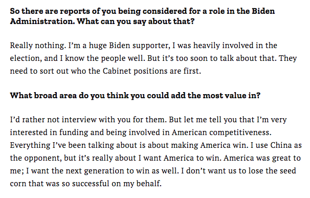Here's the first comment from former Google CEO Eric Schmidt on possibly serving in Joe Biden's administration.
"I was heavily involved in the election, and I know the people well. But it’s too soon to talk about that."
https://t.co/xXUn2Z2ime https://t.co/0hgV8tcPSX