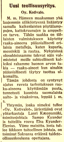 jouko_kokkonen's tweet photo. Oy Kotivalo aloittamassa kaikenlaisten lappujen valmistuksen puusta, tunnetusti kaunista suomalaista
aalto- ja visakoivusta, lepästä j. m. s. Kauppalehti 30.11.1920 #Suomi1920 #lamppu #kotivalo https://t.co/HxZx38IP0V