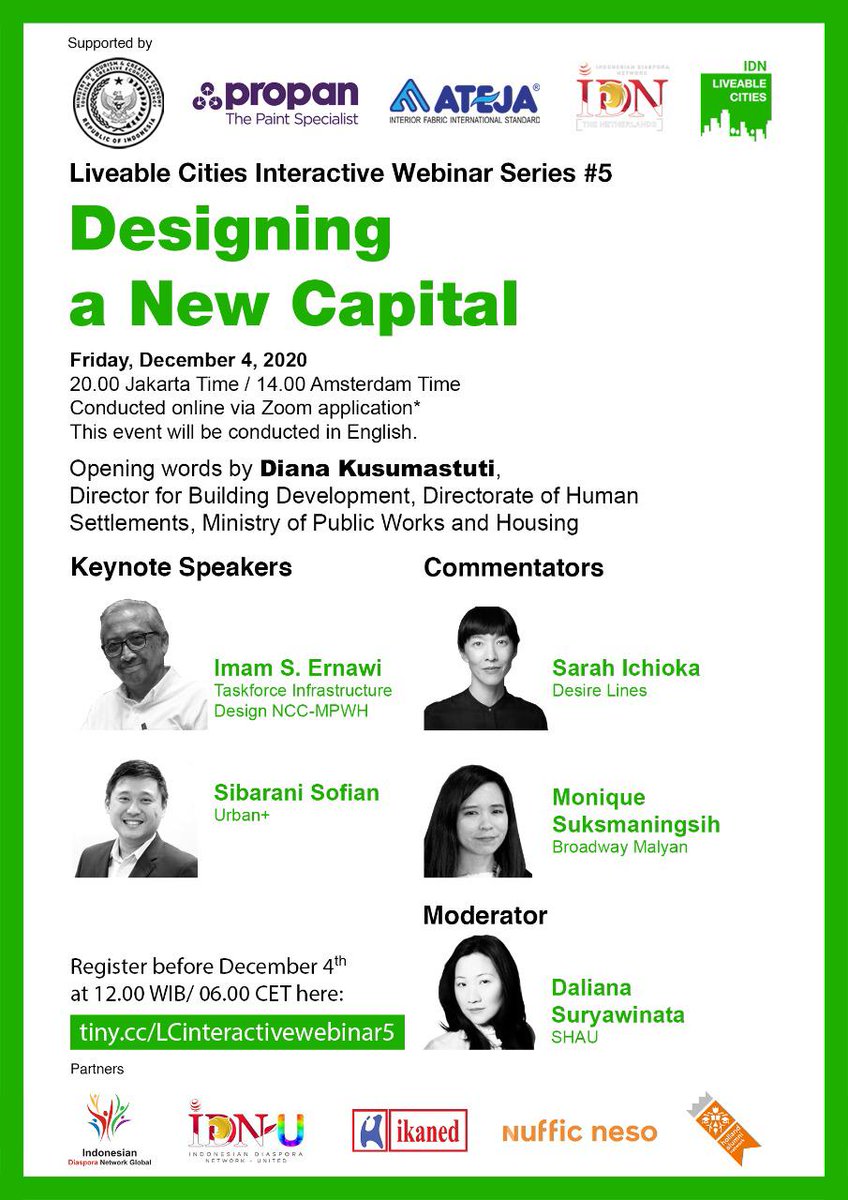 Join us and share your thoughts on 4 december -14 hrs CET/20 hrs WIB 
'Designing a New Capital' - 
registration:  tiny.cc/LCinteractivew…
#indonesiannewcapital #sustainabledesign #urbandesign #landscapedesign #architecture #Indonesia #idnliveablecities
