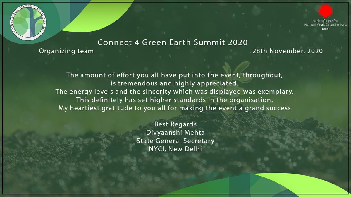 Special thanks to my team, whole heartedly <a href="/DelhiNyci/">DelhiNYCI</a>, for their efforts and great support they've contributed for the summit "Connect for Green Earth",
It wouldn't have been possible to run it smoothly as it went, without you all.

<a href="/NYCI4India/">National Youth Council Of India</a> 
<a href="/amarprasadreddy/">APR</a> 
<a href="/iamdatchana/">DATCHANAMOORTHY RAMU</a>