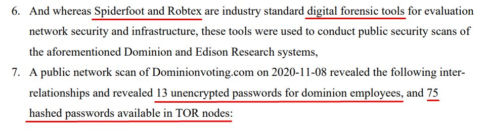 The analyst used digital forensic tools to conduct public security scans of Dominion Voting Systems & Edison Research. What he found was pretty fascinating; First, "13 unencrypted passwords for dominion employees and 75 hashed passwords available in TOR nodes."