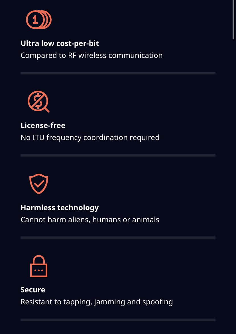 What are the advantages of laser communications (Optical-inter-satellite-links / OISLs) vs. RF communication?  Faster Lower cost-per-bit Licence Free Secure Harmless Technology2/x