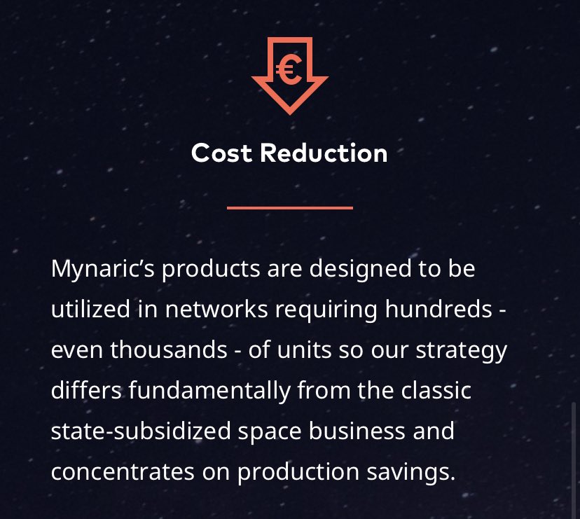 What are the advantages of mynaric vs competitors? as a spin-off mynaric owns licences of the german institute of aerospace (DLR) which is leading in terms of lasercom Laser terminals (LCTs) are designed for serial production lower costs  One-stop-shop 3/x