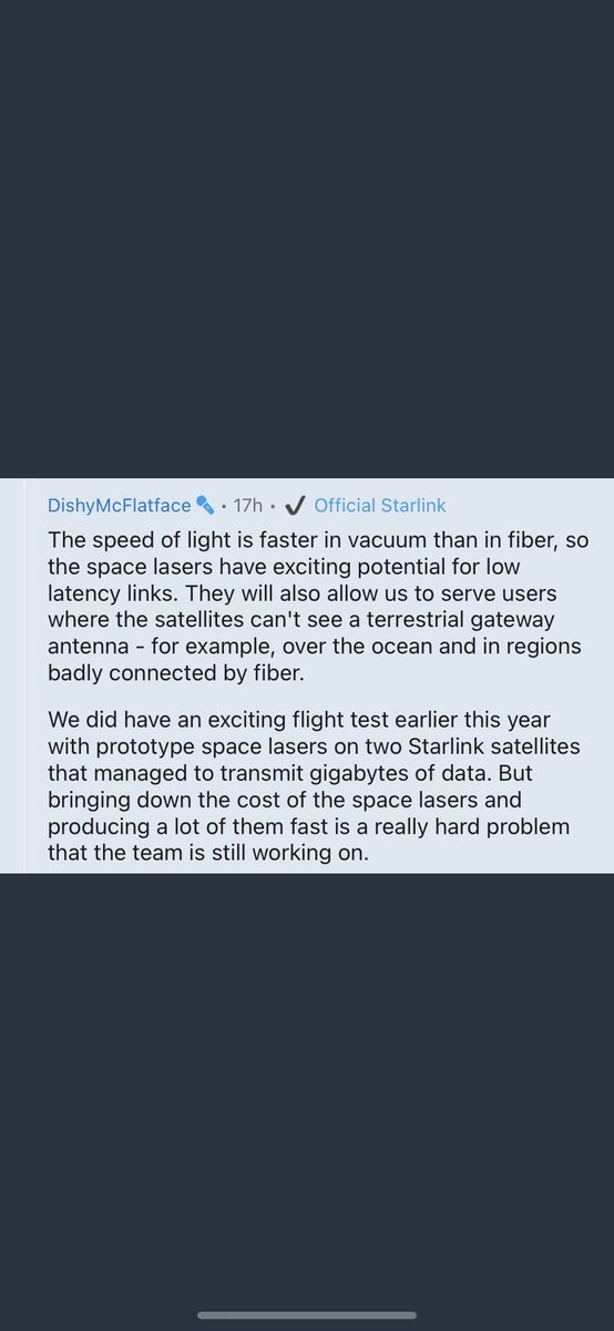  @SpaceXStarlink most famous megaconstellationhundreds of satellites already launchedjust 2 of them are equipped with OISLs Engineers are still working on lowering the costs for the OISLs trying to manufacture all in-housebeta tests started 5/x