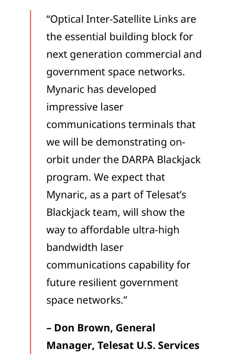  @DARPAProject Blackjack —> capitalice commercial advances in LEO for military utility @DARPA awarded  @telesat for 2 satellite buses and  @telesat awarded  @mynaricusa for the LCTsinter-vendor operability will be tested in mynarics lab 8/x
