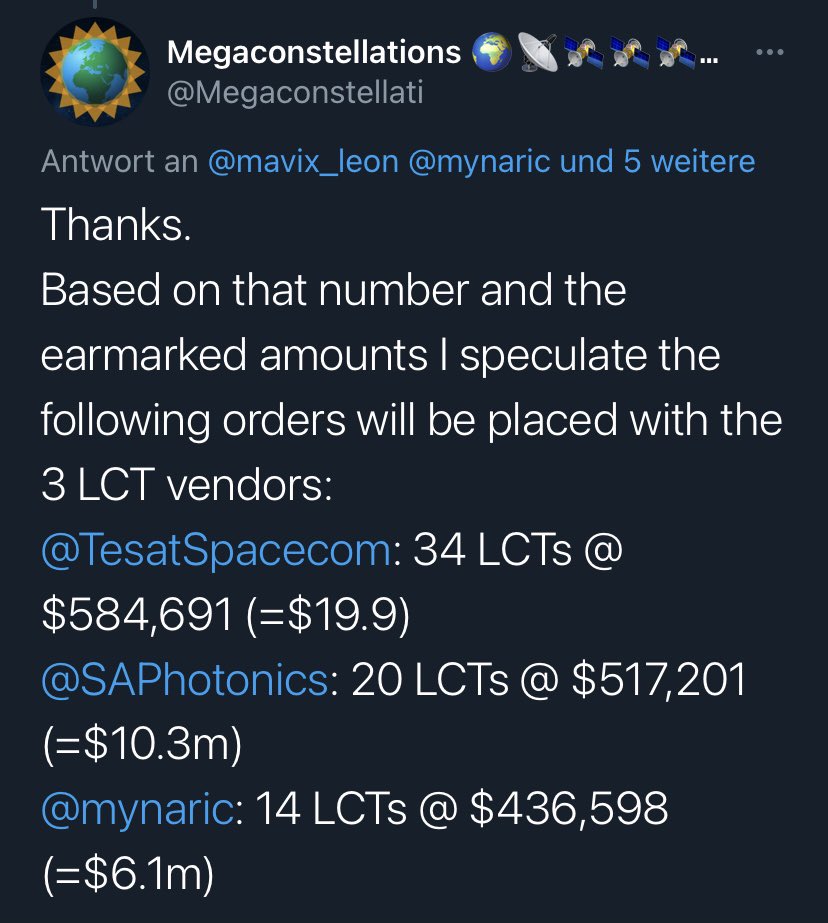 Space Dev. Agencytransport layer with hundreds of satellitesequipped with OISLs from different vendors —> interoperabilityorders for the first 20 satellites already placed @mynaric received an order for approx. 14 LCTs for 6.1m $further orders possible7/x