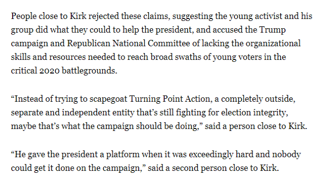 The blame game is so funny here because it’s everyone’s fault, and they’re all using the very Trumpian tactic of blaming others But here’s THE BEST part of the entire article. Kirk allies blaming the Campaign and the RNC, saying that TPUSA’s organizing is BETTER. What a joke