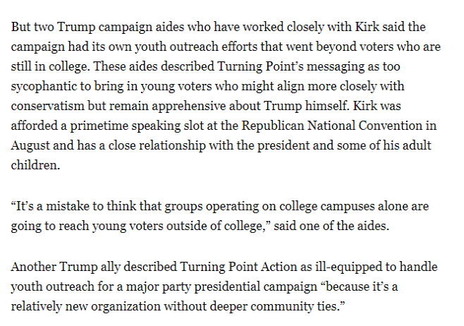 Here’s the crux of TPUSA’s problem:-They’re a Trump organization, not a Conservative organization-They never left college campuses to do any outreach in the midst of a pandemic which saw a decreased number of students on campus. ‘Better at organizing’ my ass