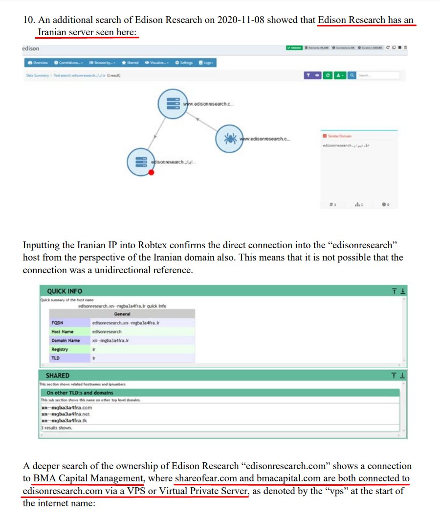 Third, the scan also shows Edison Research has an Iranian server. A deeper search of the ownership of Edison Research shows a connection to BMA Capital Management, where  http://shareofear.com&nbsp; and  http://bmacapital.com&nbsp; are connected to Edison via a Virtual Private Server.