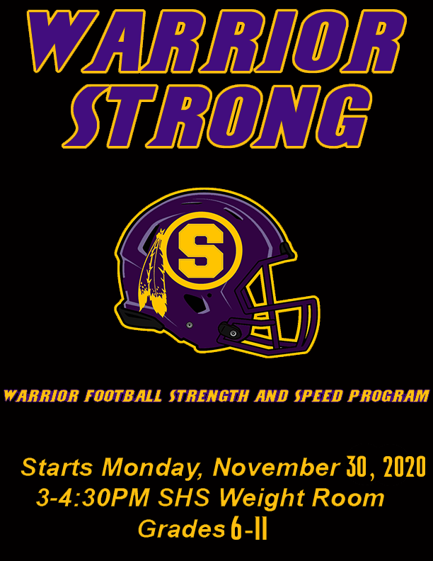 Our speed and strength program will begin tomorrow 3-4:30PM. Players are to enter and exit door 10. You will need a mask and a water bottle. We are going to focus on SPEED this off-season! This is open to football players in grades 6-11.