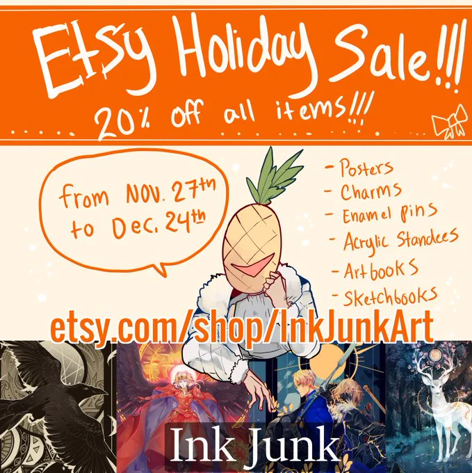 Hey guys!!! :D
Doing a holiday sale on me and @kaizuart Etsy! ^W^
20% off until December 24th!

Please know that due to the state of the USPS due to COVID and other factors I CANNOT guarantee that anything ordered will arrive in time for Christmas! ;;;

https://t.co/JeI3romXU9 
