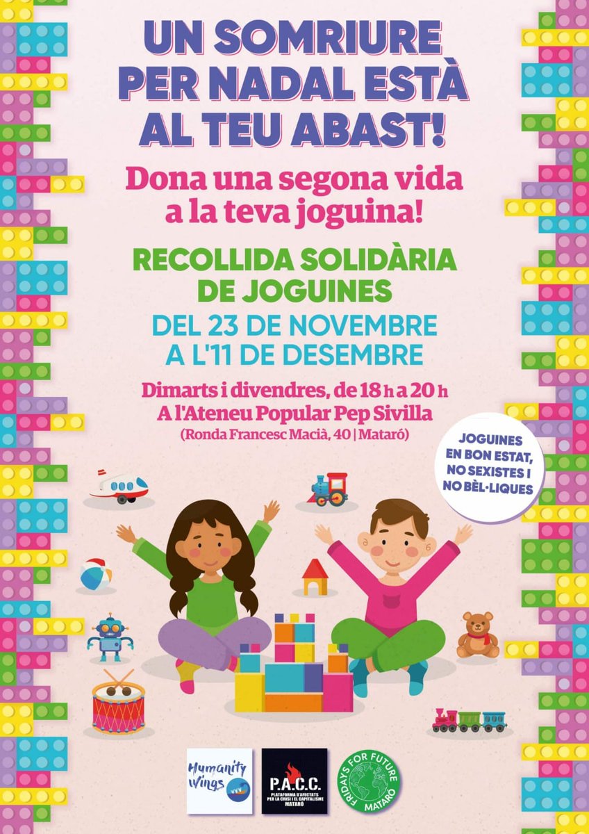 Un somriure per Nadal està al teu abast! Recollida solidària de joguines dimarts i divendres de 18h a 20h a l'<a href="/AteneuMataro/">Ateneu Popular Pep Sivilla</a>. Col•labora! #Mataró