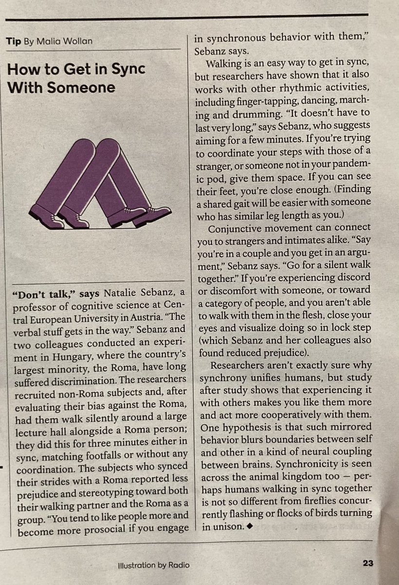 How to get in sync with someone, from today’s New York Times magazine. “You tend to like people more and become more prosocial if you engage in synchronous behavior with them.” #SayItWithMe