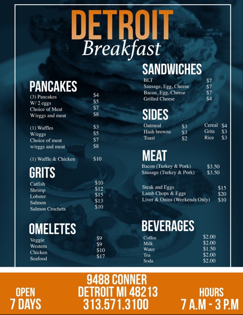 Coach_Cash_'s tweet photo. My stepdad opened a new restaurant. If you're on the eastside check it out. Detroit Breakfast: 9488 Conner, Detroit, MI 48213 3135713100 https://t.co/VjJDAhOGAm