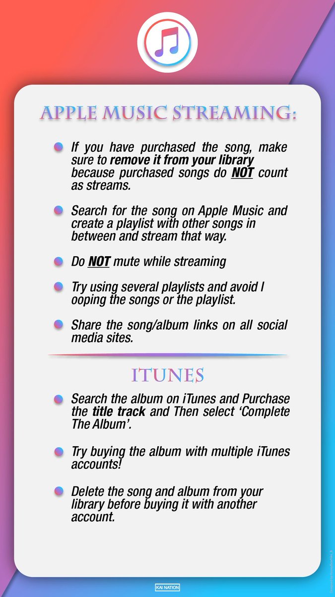 maybeexoern's tweet image. 🎧 Spotify &amp;amp; Apple Music Guide

HOW TO STREAM KAI SONGS?
Here&apos;s what you need to know about streaming Kai&apos;s songs properly on Spotify and Apple Music. 

KAI on Spotify
🔗open.spotify.com/artist/6iVo62B…
Kai on Apple music
🔗music.apple.com/kr/artist/kai/…

#KAI #카이 #KNU_Tutorial