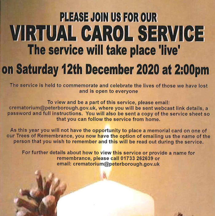 NWCCA2's tweet photo. Peterborough Crematorium will be holding a virtual carol service on 12th December at 2pm to commemorate and celebrate those we have lost.  Email crematorium@peterborough.gov.uk to take part via weblink. https://t.co/KPLO5TET7A