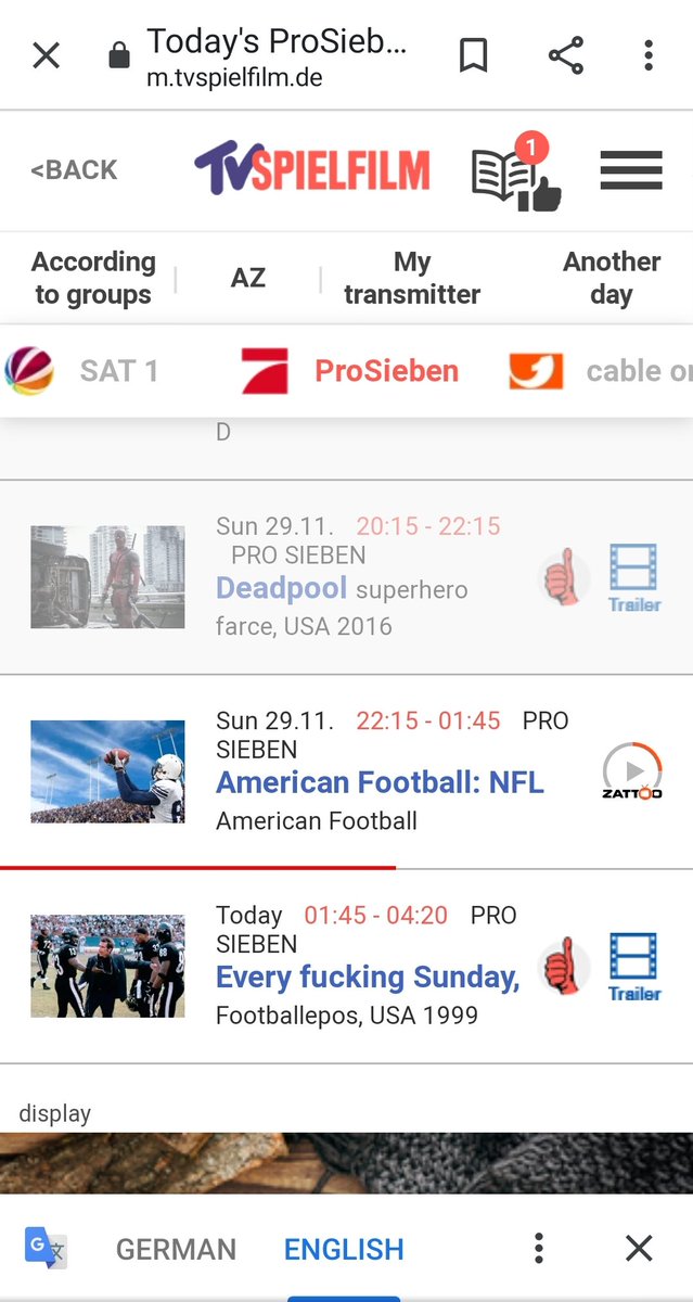 waxpacklyrical's tweet photo. Found live NFL via a German channel whilst in Spain tonight and looked online to see if SNF was on the same channel? No game but their translation of 'Any Given Sunday' deserves a tip of the cap.. https://t.co/vlzU64YKZE
