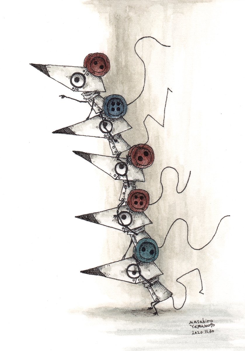 ポケモン 肩車 協力するネズミたち ペン画 水彩 アナログイラスト Masahiro Yamamotoのイラスト