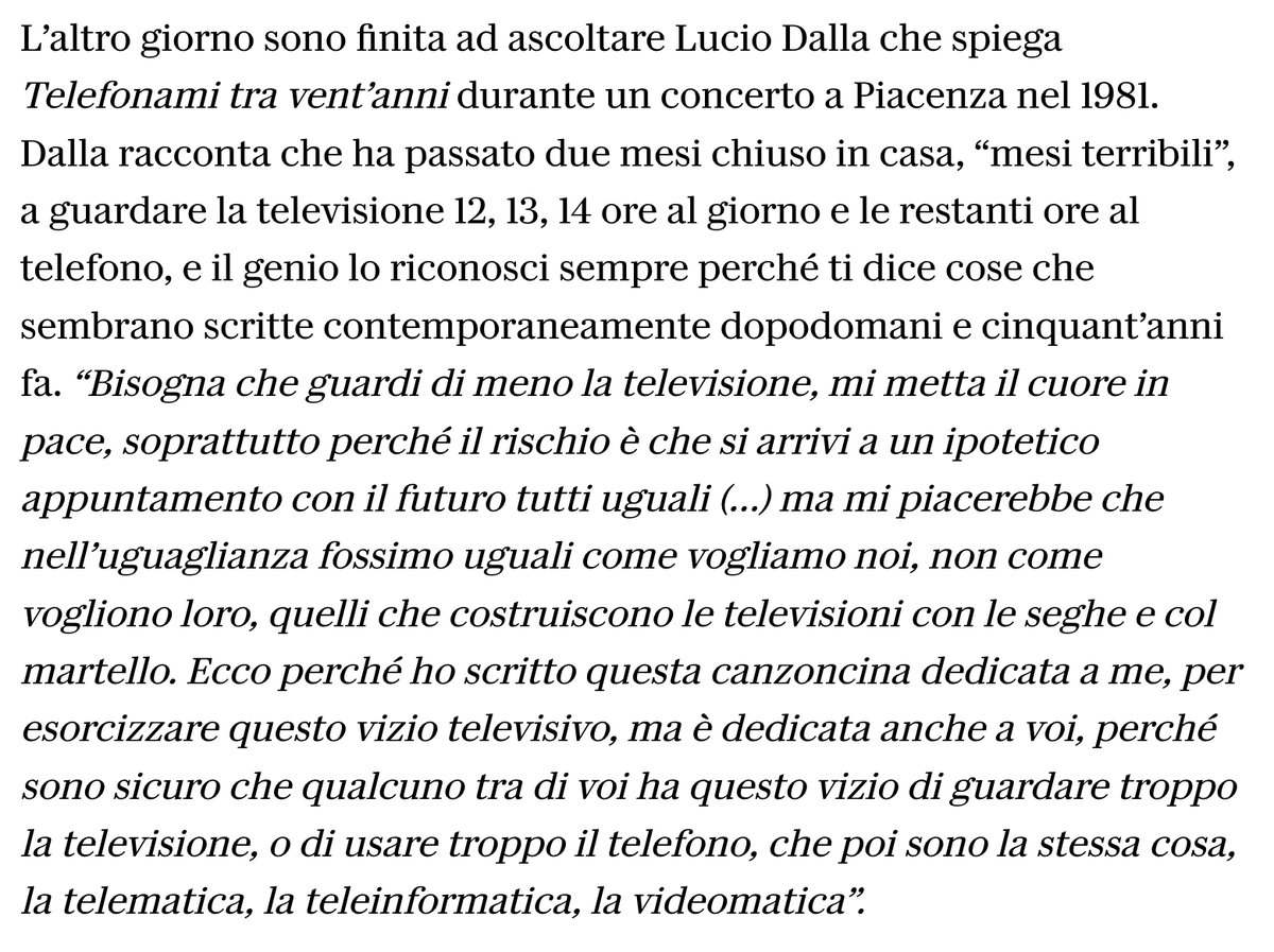 Senonlarealta's tweet photo. «Mi piacerebbe che nell’uguaglianza fossimo uguali come vogliamo noi, non come vogliono loro, quelli che costruiscono le televisioni con le seghe e col martello... che poi sono la stessa cosa, la telematica, la teleinformatica, la videomatica» Lucio Dalla, https://t.co/3rjeiCMmv6 https://t.co/7ZBsLNWolP