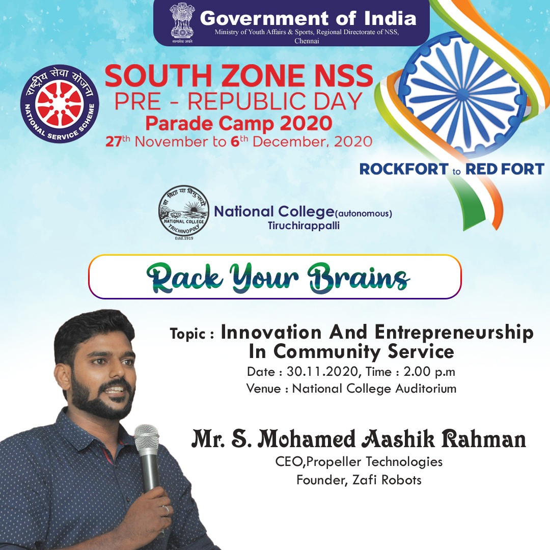 ZafiRobots's tweet image. Happy to join with South Zone NSS Pre-Republic Day 2020. 
Join us today 2.00 P.M. at National College, Trichy.

#RockfortToRedfort #PropellerTechnologies #ZafiRobots