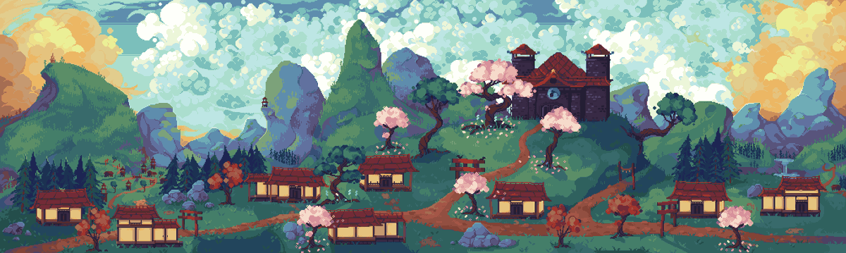 It is finally done. After 5 long months, I have completed this very big landscape. I used a total of 52 colors and the canvas size is 1003 x 300. This piece is an Asian inspired DnD landscape for my friend and also my first commission! #pixelart