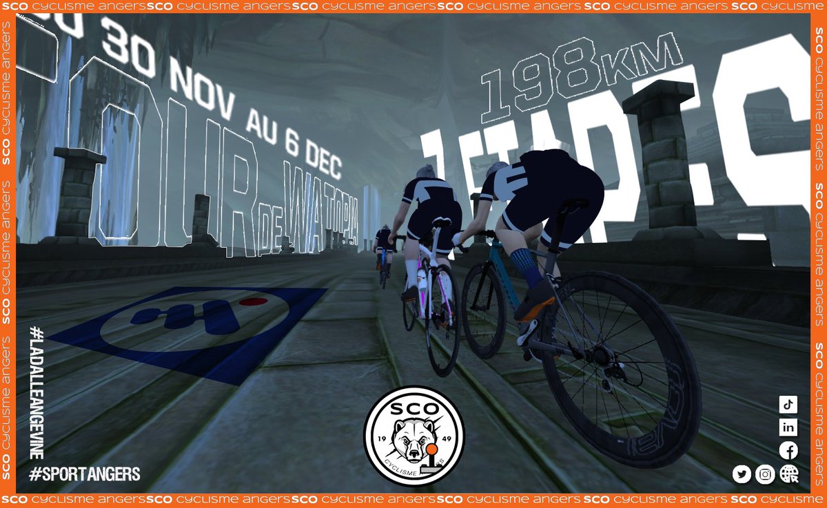 SCOCyclisme's tweet photo. 🐻 Le @SCOCyclisme @Angers participe au Tour de Watopia sur @GoZwiftFR !

👀 Retrouvez-nous dès demain, 18h30 sur Zwift pour la première étape !

📅 Du 30/11 au 06/12
📊 7 étapes dont un contre-la-montre individuel
📏 198km
🏔 2700m de D+

#SportAngers | #LaDalleAngevine https://t.co/jKhDt3RCSN