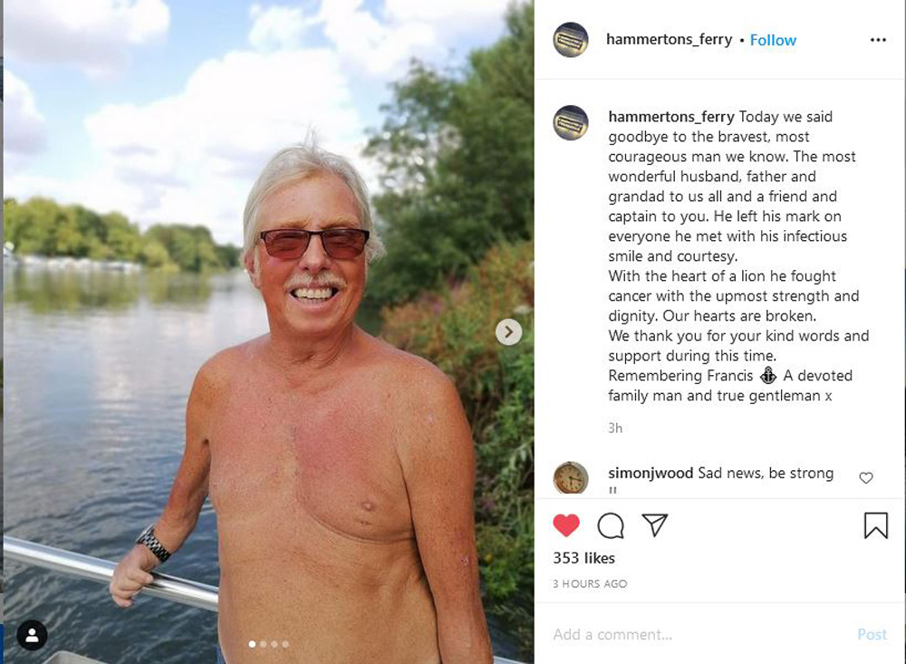 Very sad to hear this news of the death of Francis Spencer of Hammerton's Ferry.
You can see "Ferryman", a short film about him from the Twickenham Alive Film Festival 2016. vimeo.com/185321179